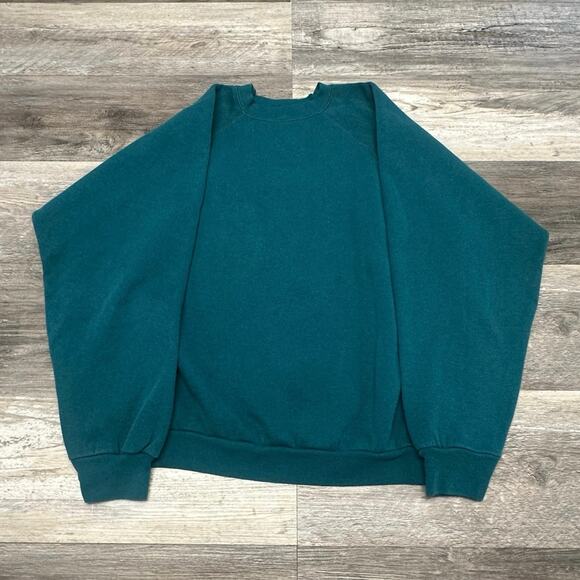 Vintage 90s Tultex Maximum Sweats Teal Mens L Raglan Fleece Lined Blank Pullover - Picture 1 of 9